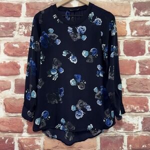 Thakoon Top Shirt Women's Small Dark Blue Floral Long Sleeve High Low Blouse